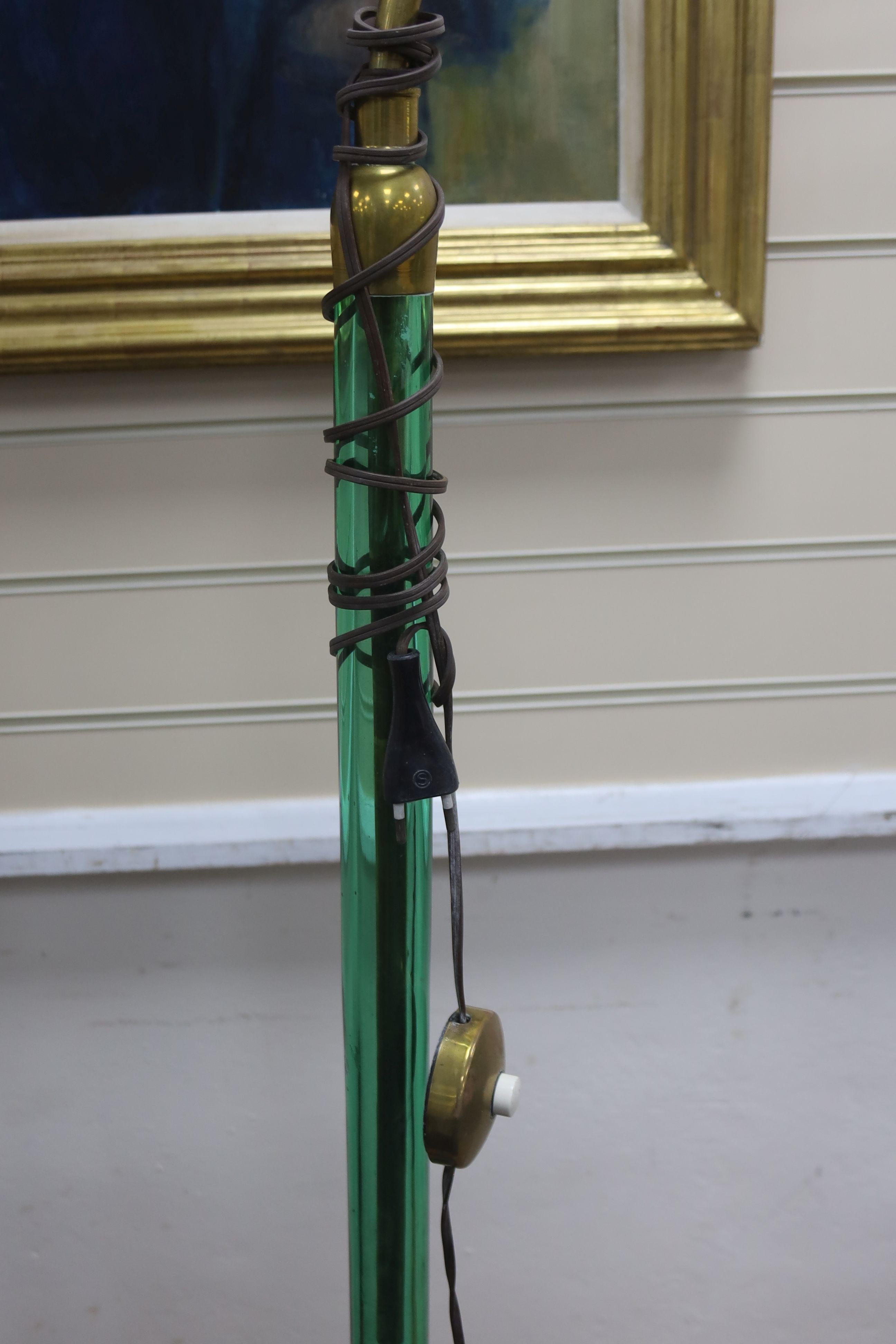 An unusual sectional green glass and brass standard lamp, height 154cm